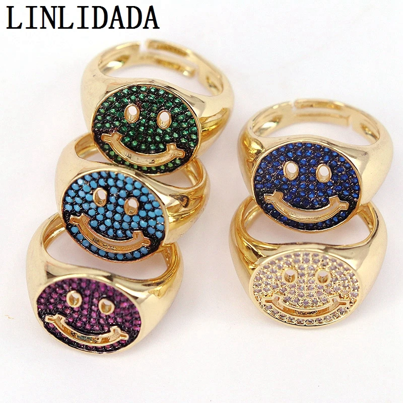 

6 шт разноцветный кубический цирконий, футболки с рисунками милого смайлика и уход за кожей лица Cz Открытое кольцо медь литые золотом Регули...