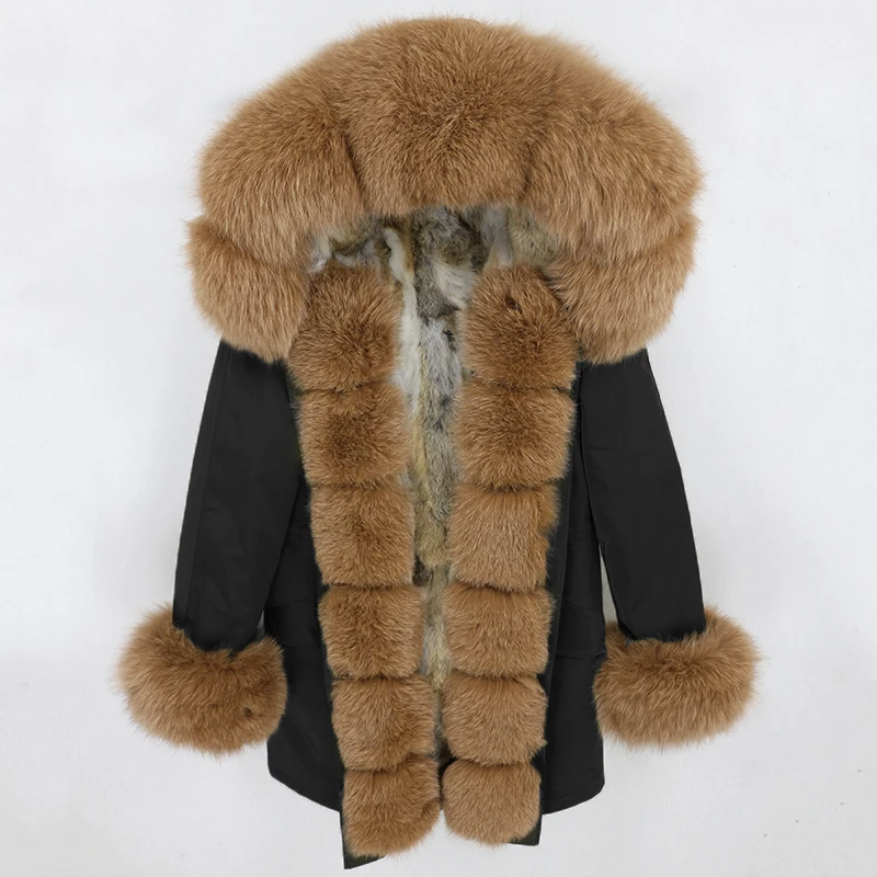 OFTBUY, водонепроницаемая парка, натуральное меховое пальто, зимняя куртка для женщин, воротник из натурального меха енота, капюшон, подкладка из натурального кроличьего меха, съемная - Цвет: black camel