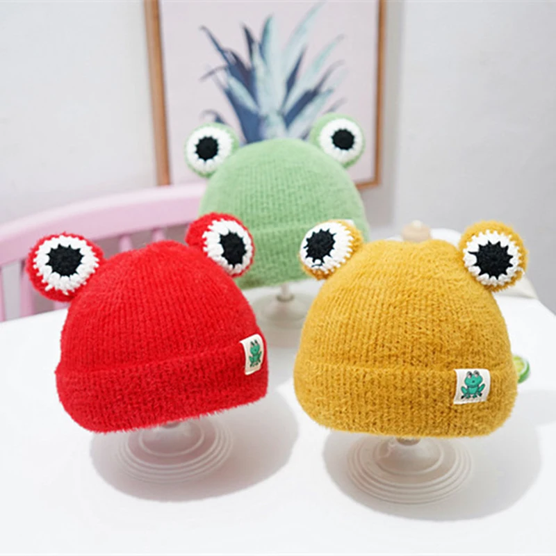 Зимняя теплая вязаная детская шапка милая мультяшная большая лягушка для