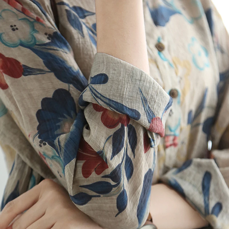 

Johnature Vintage Cotton Linen Shirts For Women Print Floral Button 2021 Summer Long Sleeve Loose Blouses Female 9 Color Shirts