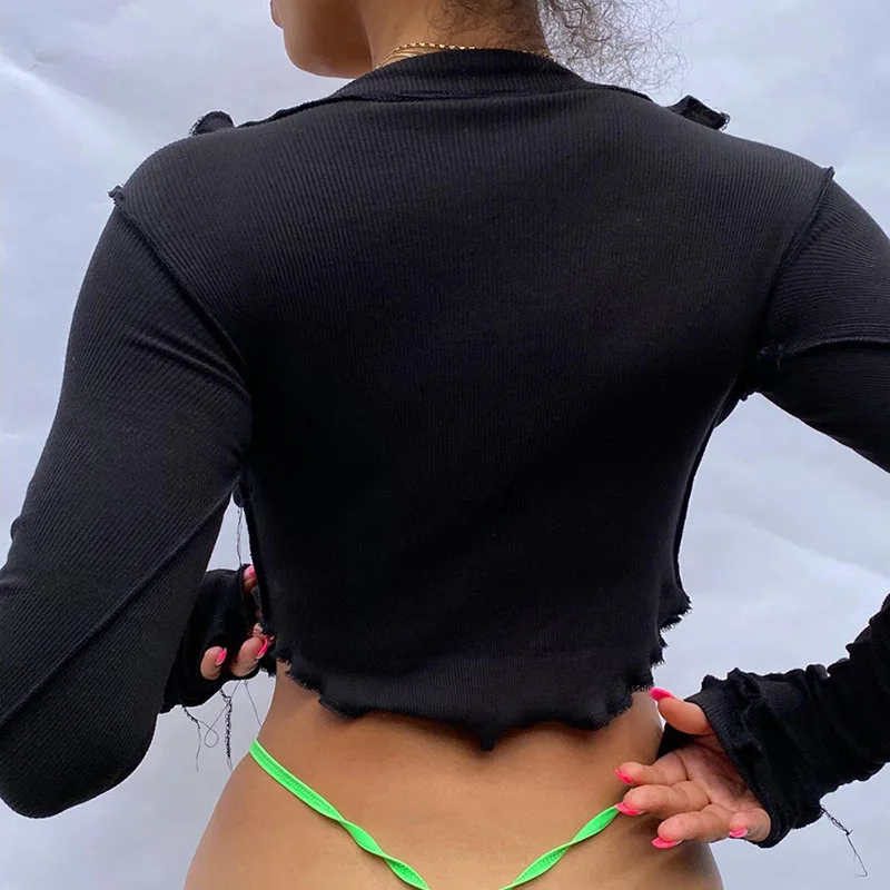 

New Autumn Long Sleeve Knitting Ribbed Patchwork V-Neck Tee Female T-Shirt Sexy Cropped Navel Top Slim Casual Street Wear