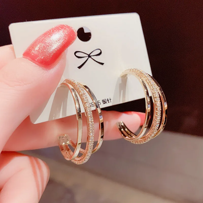 

14K Real Gold C-shaped Three-layer Earrings Personality Temperament S Needle Stud Earrings for Women ZC Earrings