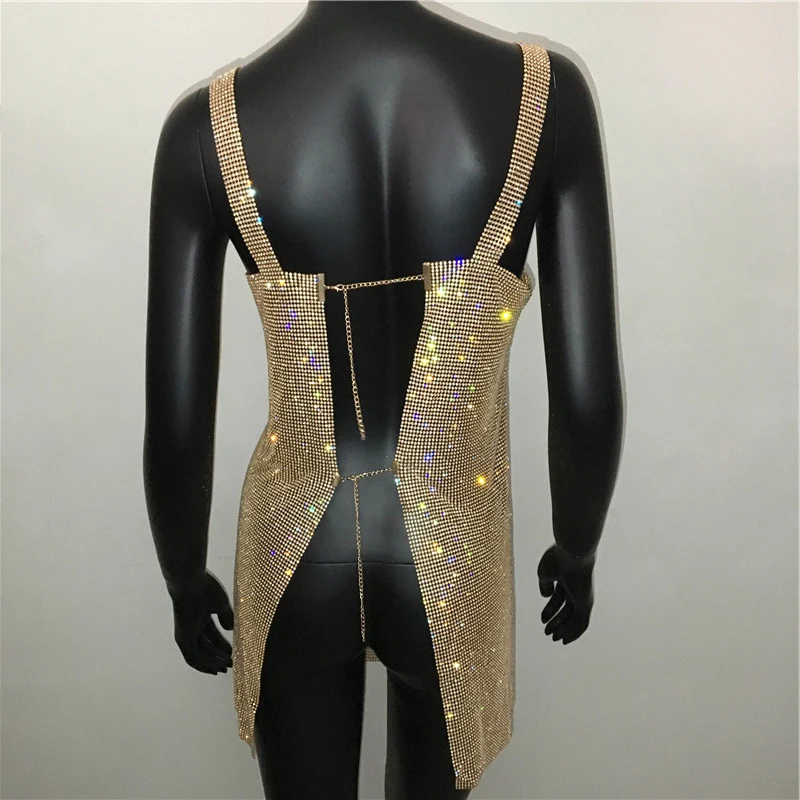 

Sexy Sleeveless Luxury Diamonds Solid Slit Mini Dress Open Back See Through Crystal Rhinestone Celebrity Dress Party Nightclub