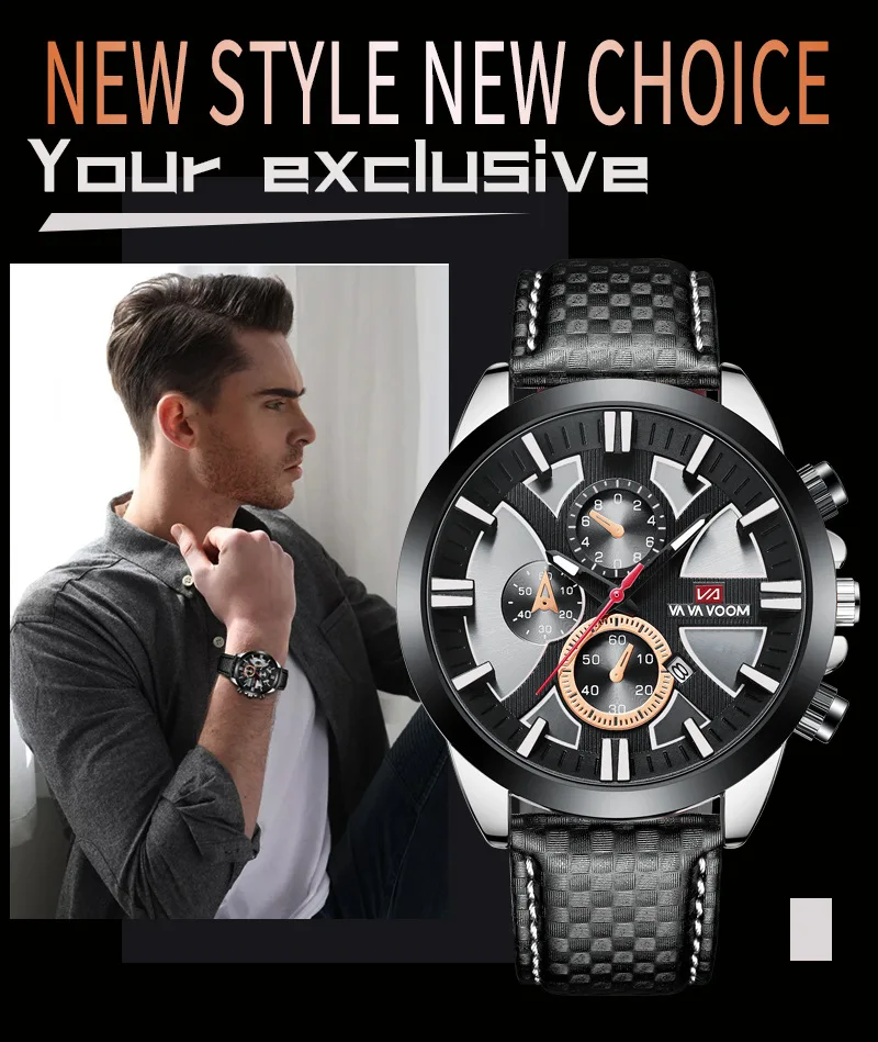 

2021 New VA VA VOOM 2303 Outdoor Sports Men's Belt Calendar Watch Simple Casual Waterproof Clock Wristwatches Male