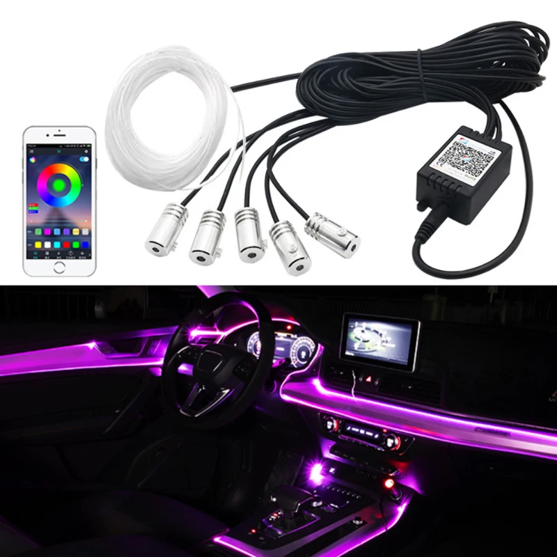Tiras de luz de fibra óptica para coche, luz LED de ambiente interior con control mediante aplicación de música, de 8m, 6 en 1, RGB