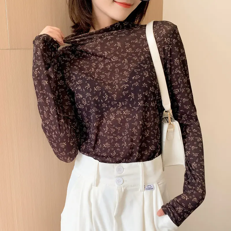 

Half high collar long sleeve T-shirt women's large size thin base shirt autumn winter spring temperament slim thin top