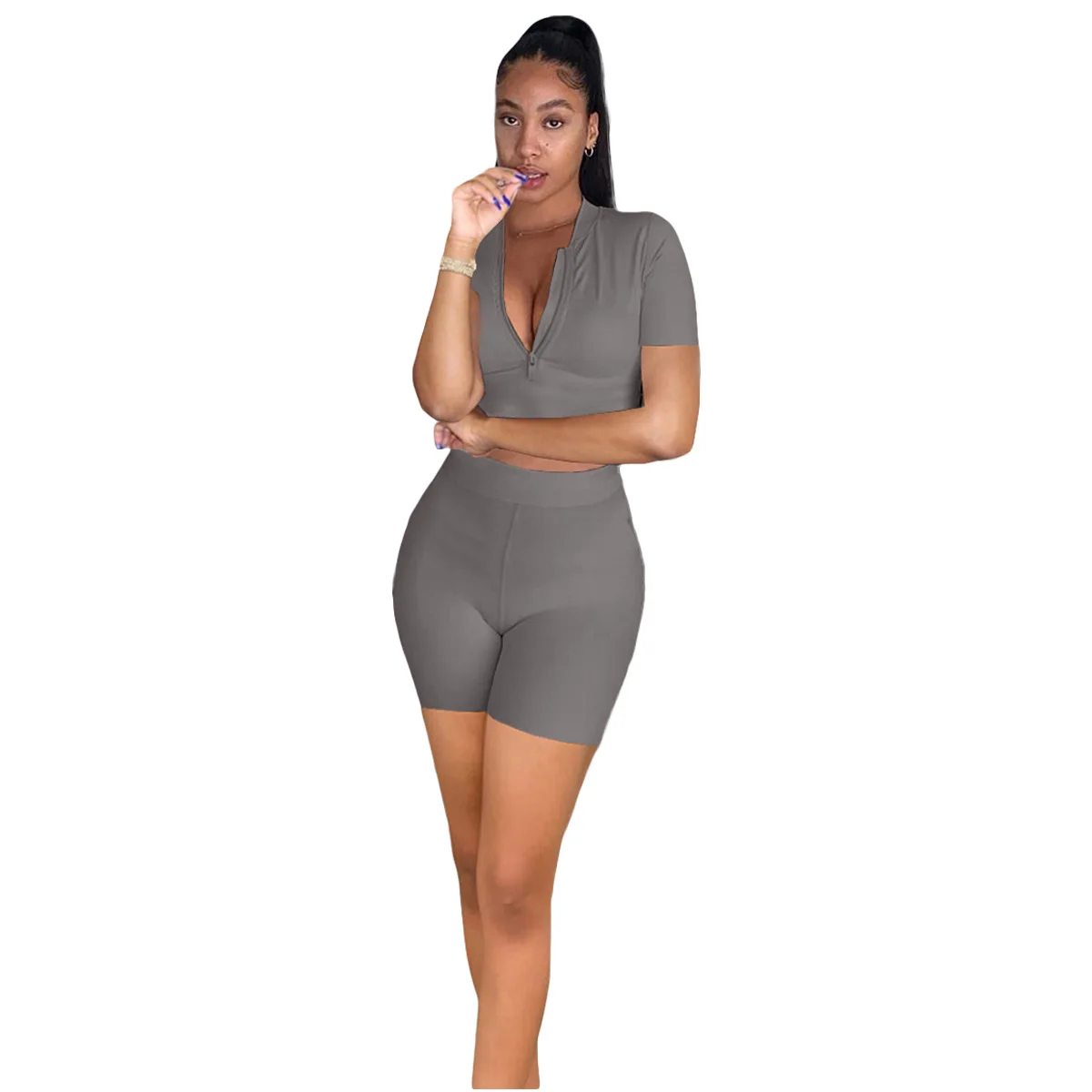 

2021 Newest Casual Women Solid Sets Short Pants Fashion V-Neck Short Sleeves Vest Tops Two Pieces Sport Outfits Summer Spring