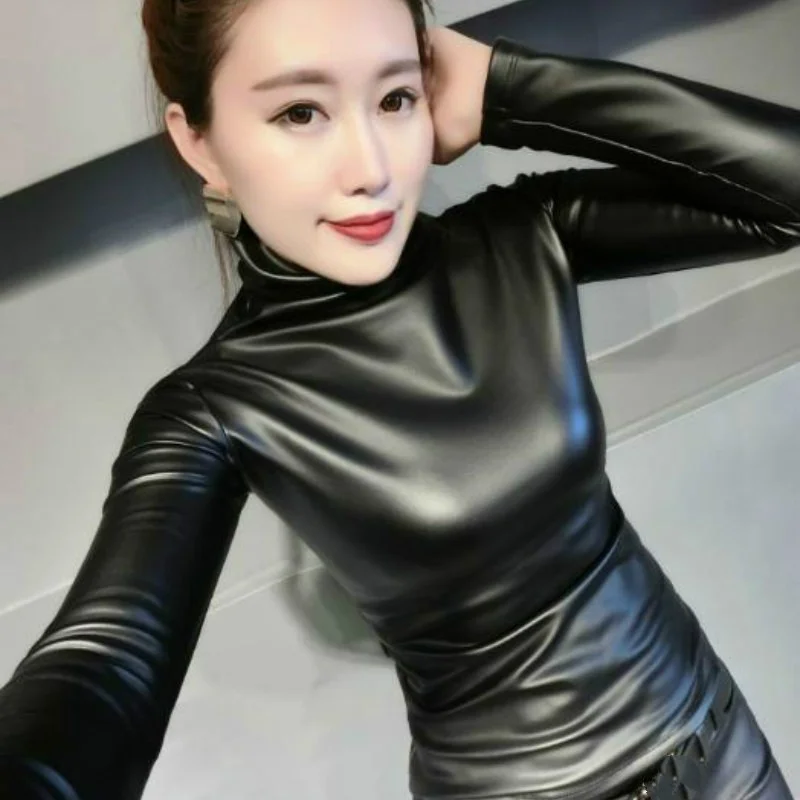 

spring summer Women PU Leather Tops Shirts turtleneck Long Sleeve slim Casual 4XL skinny sexy High collar warm