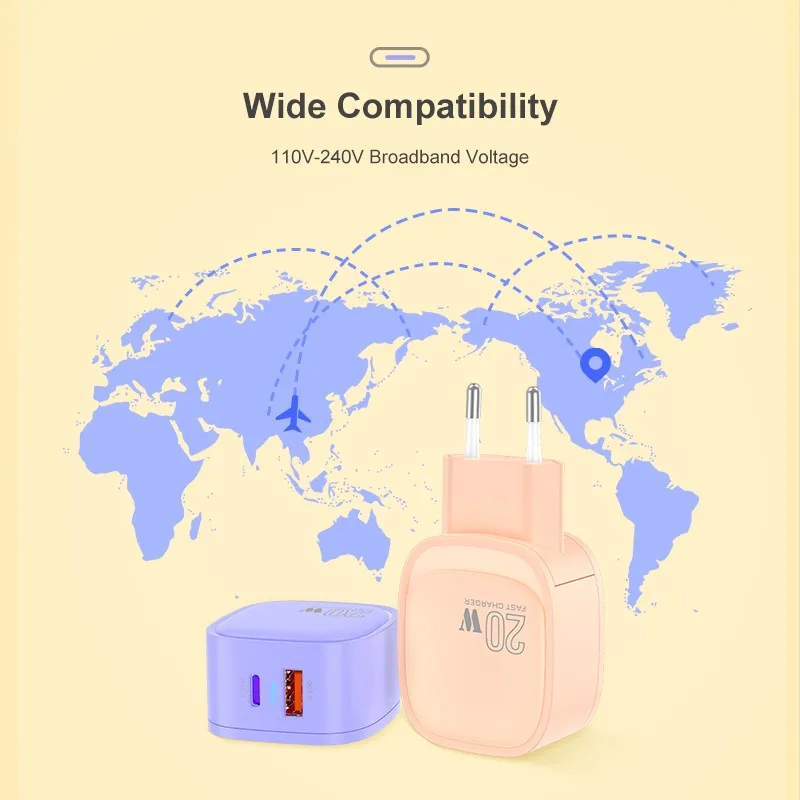 

Quick Type-c Mobile Phone Dual Port Charging Head Usb 20w Fast Charge Charger American Plug PD3.0+QC3.0 Fireproof Safe Durable