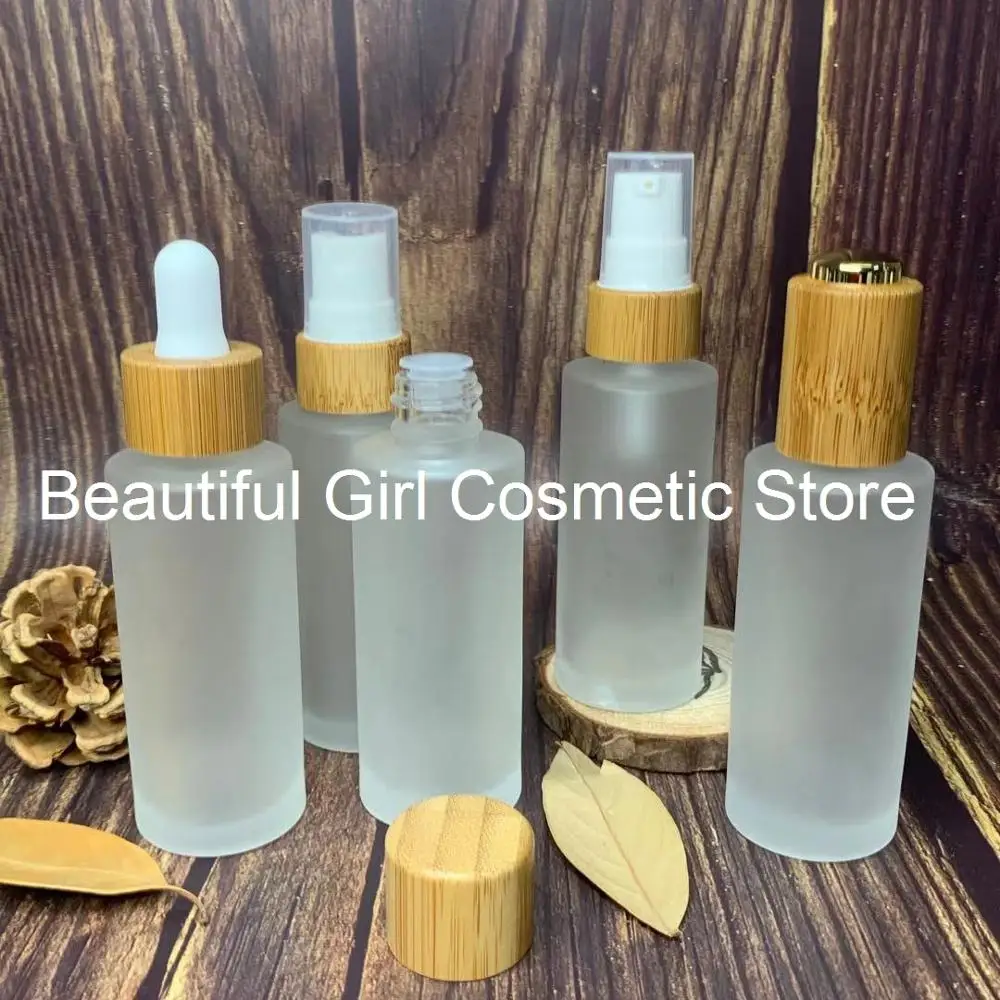 natural Skincare Cream Cosmetic Jar Bambu Sprayer Top Luxury Lotion Essence Pump frosted Bottle for 1oz perfume/essential oil