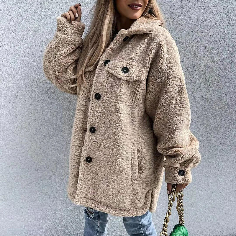 

Autumn Winter Warm Soft Fleece Cardigan Tops Elegant Turn-down Collar Button Women Long Outwear Casual Solid Long Sleeve Jackets