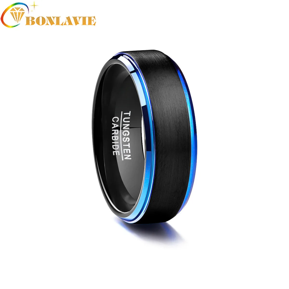 

BONLAVIE Black Matte Surface Blue Edge Promise Band Men Rings 100% Tungsten Carbide Multi-size Anillos para hombres Pierscienie