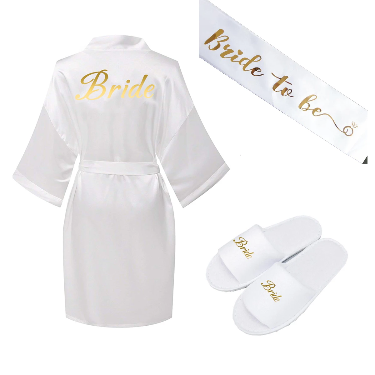 Robe slipper Belt Zaxachilable/Новинка года; один комплект; атласный шелковый халат свадебные платья; тапочки для невесты; белые свадебные платья с золотым принтом; 001; женская одежда - Цвет: Robe slipper Belt
