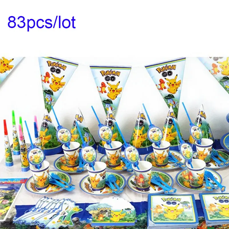 Pokemon-83pcs Дисней шесть Принцесса Белль тематический дизайн 83 шт./лот одноразовые наборы посуды для девочек день рождения тема поставка украшений для вечеринок - Цвет: Pokemon-83pcs