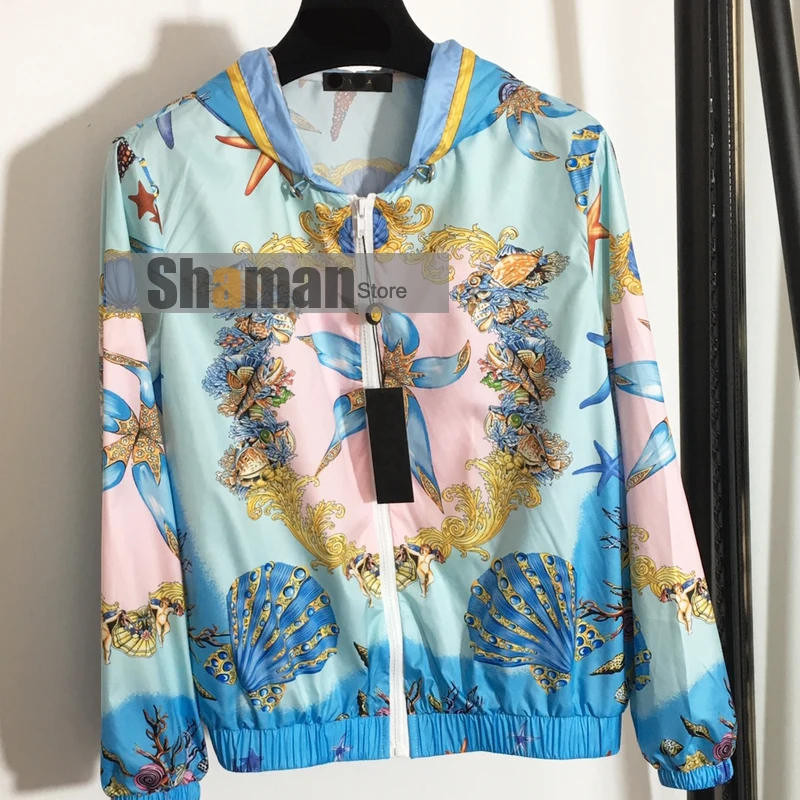 

Luxury Design High End 2021 Coat Jackets Women Starfish Shell Print Long Sleeve Hooded Sun Protection with Zipper Trench Coat