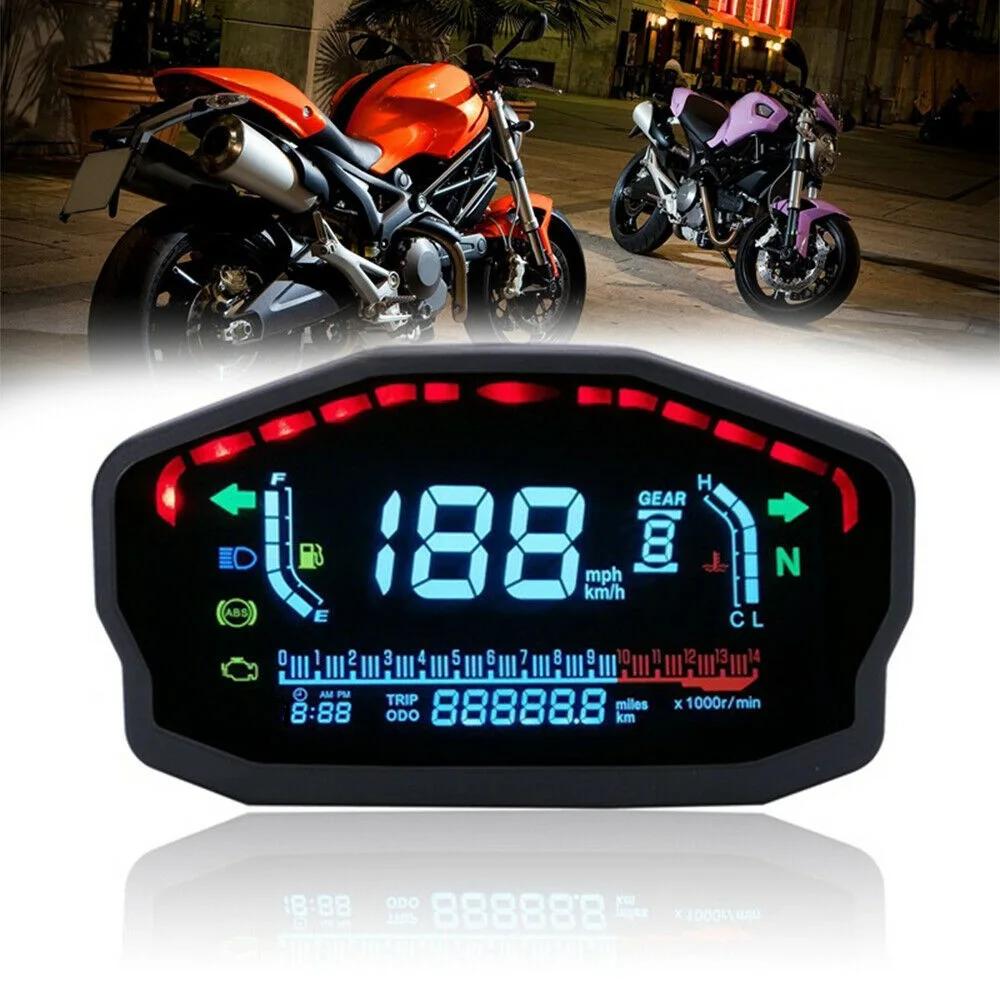 

Motorcycle Speedometer Tachometer 10000RPM Water Temp Fuel Oil Level Gauge Digital Odometer 12H Clock Meter for 1 2 4 Cylinders