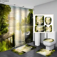 Forest Lake Dusk View Bathroom Shower Curtain Boat Toilet Lid Cover Non Slip Mat Carpet Pedestal Rug Bath Curtains with Hooks