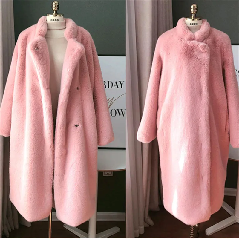 Winter Net Red New Imitation Fur Mink Plush Long Coat Stand Collar Over Knee Thick Loose Jacket Women Korean Version The Wild