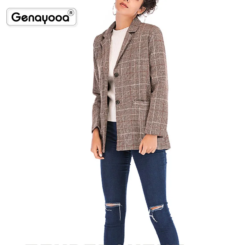 Genayooa бренд офисные женские Блейзеры Женские s куртки и пальто 2019 клетчатые