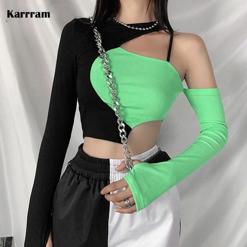

Karrram Punk Sexy Black Green Patchwork Top Gothic Bodycon Hollow Out Long Sleeve T-shirt Streetwear Chic Backless Cropped Top