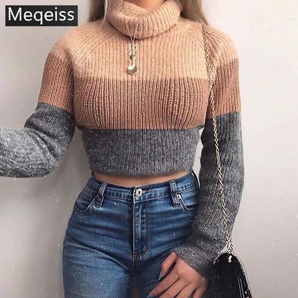 

Meqeiss New Fall Fashion Women's Turtlenecks Sweaters Striped Long Sleeve Knitted Pullovers Females Jumpers Cropped Sweaters