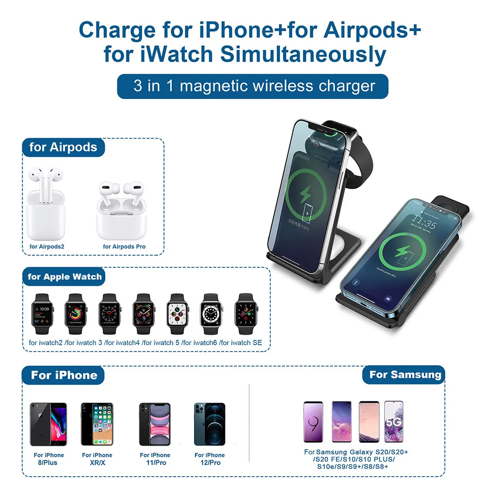 15w qi wireless charger stand 3 in 1 fast charging station for iphone 13 12 11 xs xr x 8 apple watch airpods pro samsung s21 s20 free global shipping
