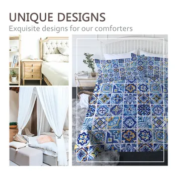 BlessLiving Watercolor Quilt Set Mediterranean Ceramics Thin Comforter Geometric Squares Summer Bedding Mandala Floral Duvet Set 2