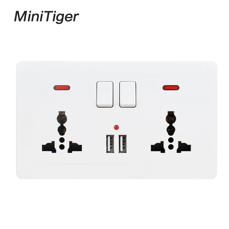 White Socket-2 Minitiger 2.1A двойной usb-порт для зарядки светодиодный индикатор настенная розетка питания двойная универсальная 5 отверстий переключаемая розетка 146 мм* 86 мм - Тип: White Socket-2