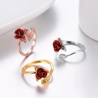 women ring red rose garden flower leaves open ring resizable finger rings for women valentines day gift jewelry