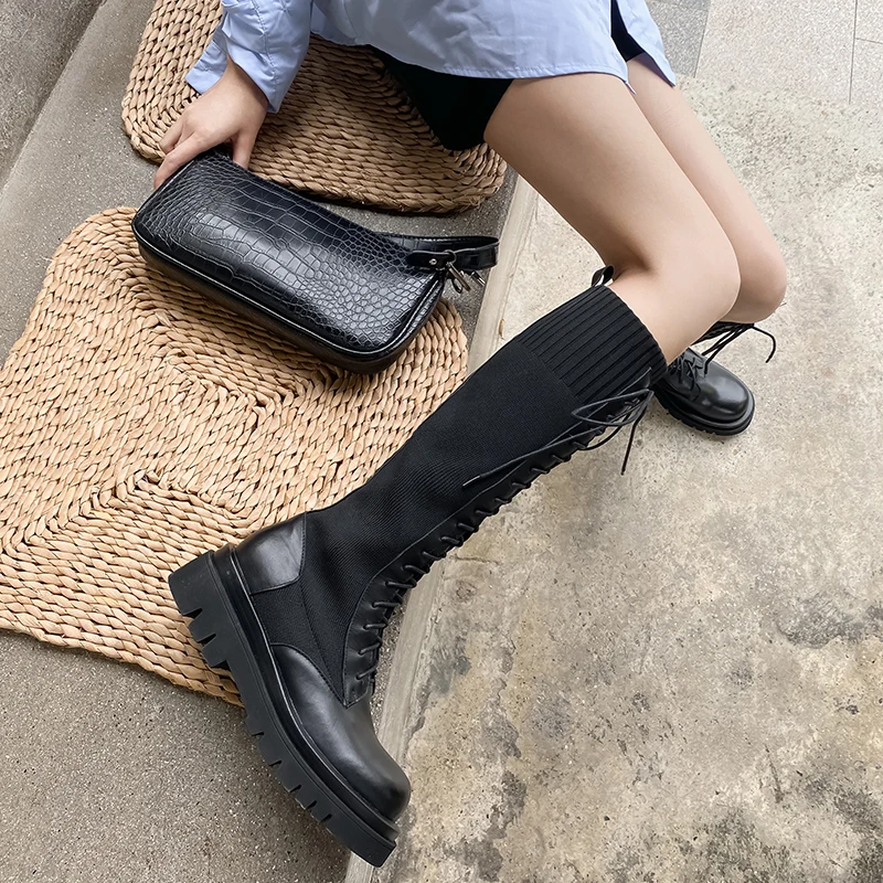 

RIZABINA Size 34-42 Women Real Leather Knee High Boots Flat Heel Women Lace Up Boots Fashion Casual Woman Long Footwear
