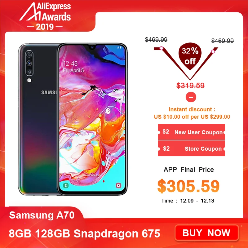 Мобильный телефон samsung Galaxy A70 на весь экран 6,7 дюймов 8 Гб 128 ГБ Восьмиядерный 4500 мАч супер быстрая зарядка 4G мобильный телефон