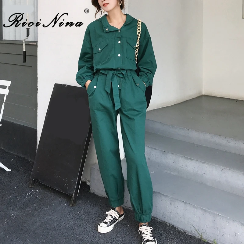 RICININA комбинезон размера плюс женский с длинными рукавами отворотом на кнопках