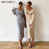 wotwoy 2021 knitted v neck sweater and skirt two pieces matching set women split wrapped pencil skirts female autumn pullovers