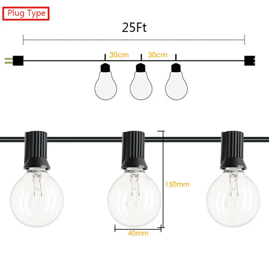 Solar String Lights Waterproof Outdoor G40 25 LED Bulbs Patio For Garden Backyard Camping Pergola Gazebo Umbrella | Лампы и освещение