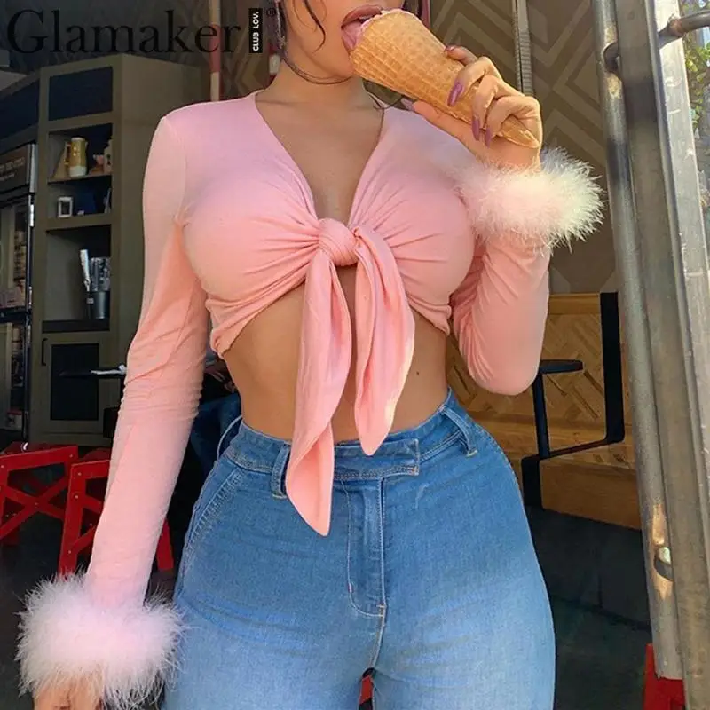 Glamaker розовая с узелком рукавом перьями короткая женская блузка бандаж модная