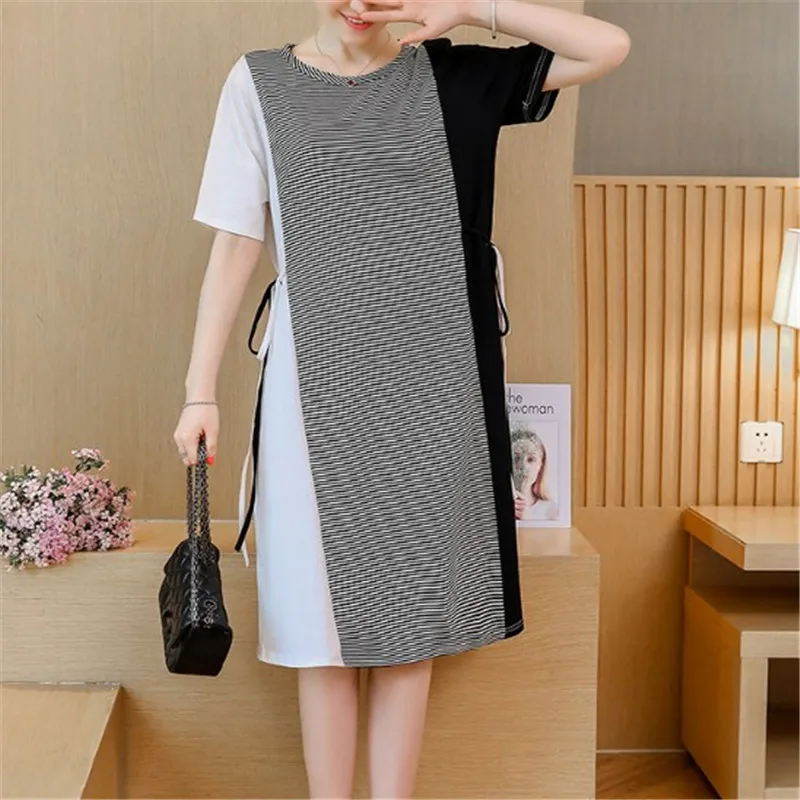 

XL 5XL 2021 Summer Dress Women New Dress Short Sleeve Large Size Loose Stripe Patchwork Color Collision Dress Casual Holiday
