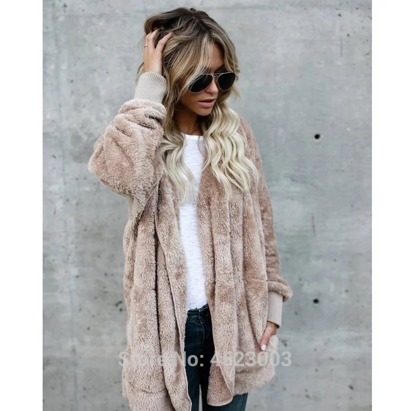 Для женщин пушистый флис Свободный кардиган с капюшоном из искусственного меха