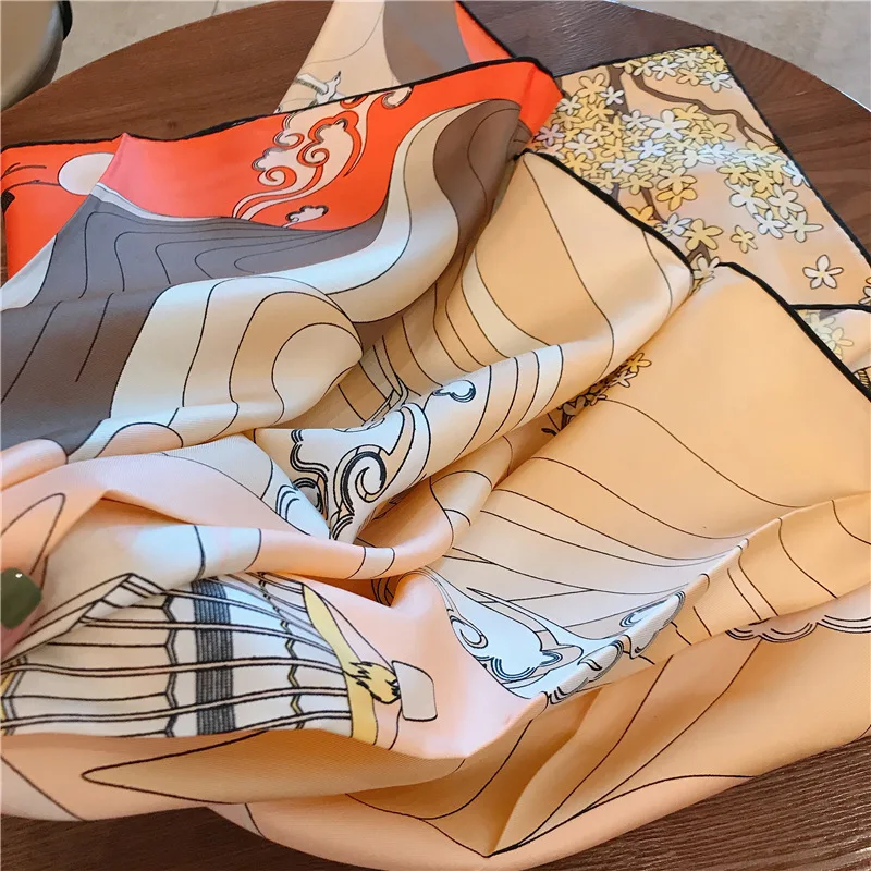 

Elegant Women Twill Silk Neck Scarf Square Shawls Fashion Printed Kerchief Hijab Scarfs Female 90*90cm Wraps Scarves For Ladies