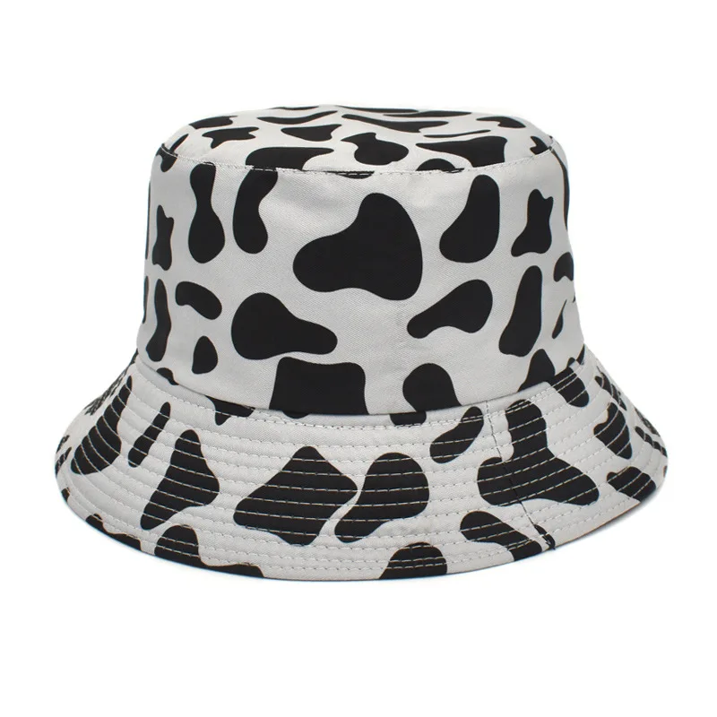 

New Fashion Reversible Black White Cow Pattern Double-sided Wear Bucket Hats Fisherman Caps For Women Gorras Summer
