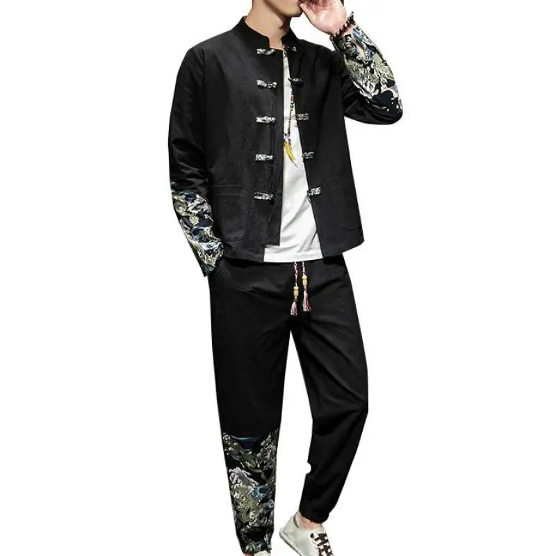 Костюм Тан в китайском ретро стиле хлопковая Льняная мужская одежда 2021 с принтом