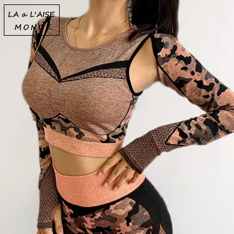 Женский костюм для йоги из 2 предметов бесшовный с длинным рукавом