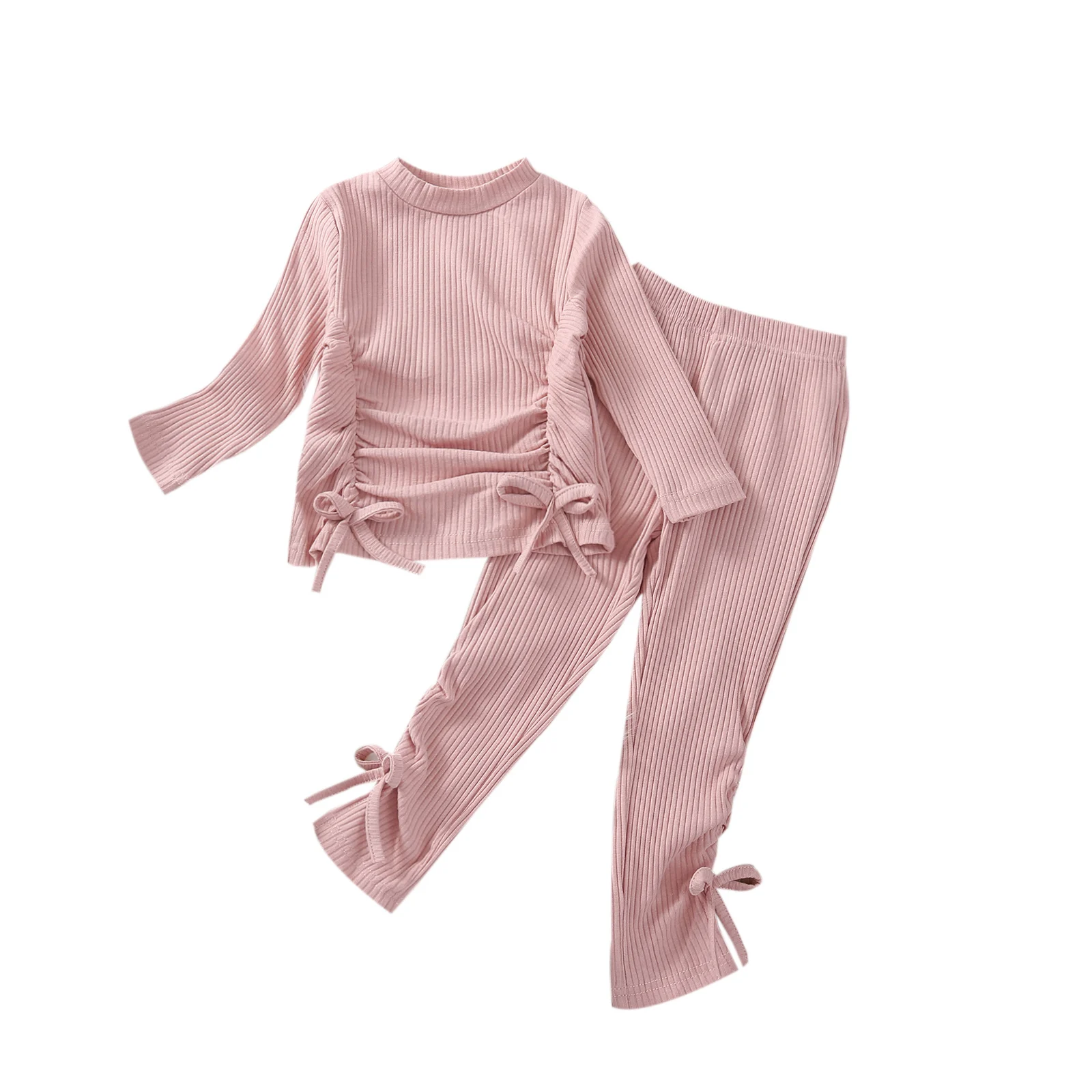 

Детская одежда для девочек, модные однотонные вязаные топы с длинным рукавом и кулиской, длинные брюки, 2 шт., одежда для маленьких девочек от...