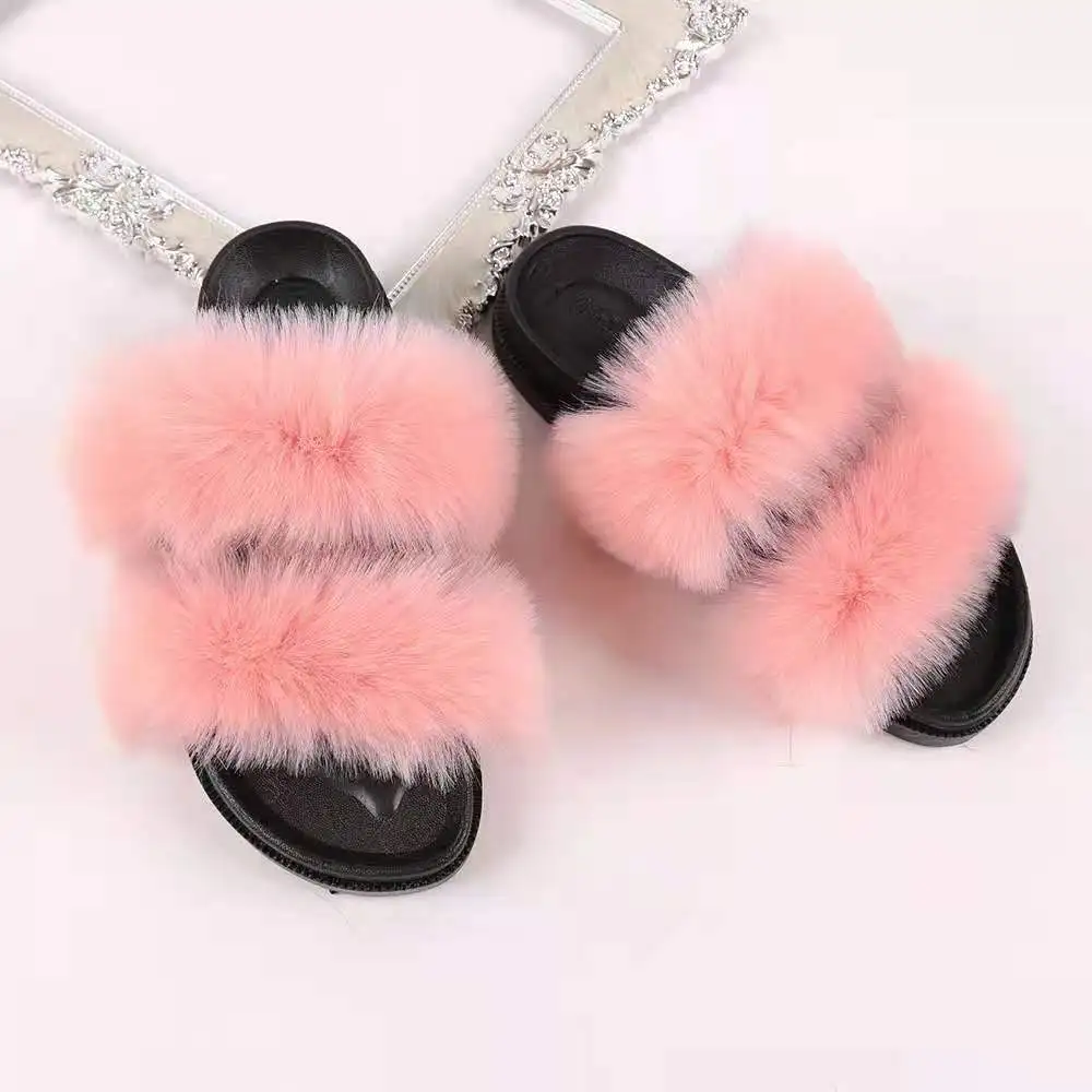 

2021 European and American Ladies Fur Faux Fur Platform Flat Heel Slippers 1538