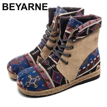 BEYARNEHarajuku/женские короткие ботильоны из льна и хлопка с вышивкой удобные женские эспадрильи на плоской подошве со шнуровкой; ботиночки для веганов; e894