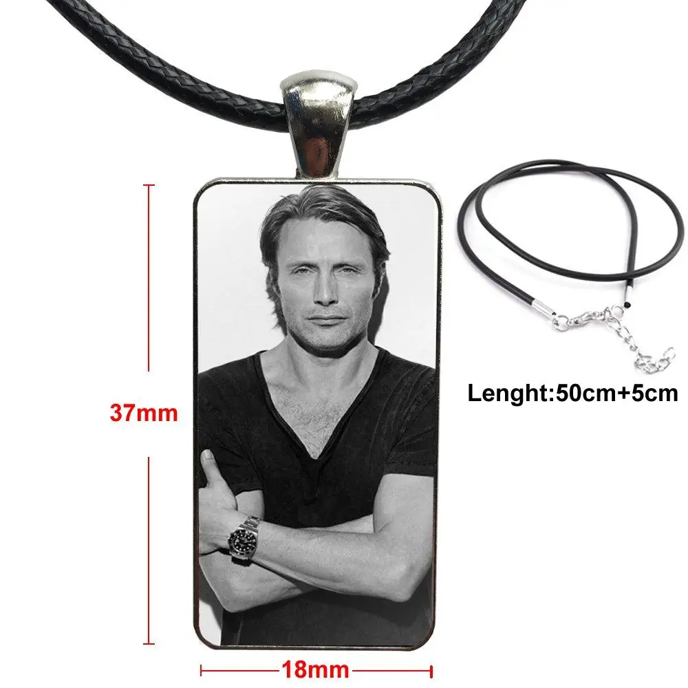

For Women Gift Mads Mikkelsen Sexy Man Necklace With Steel Plated Glass Cabochon Choker Long Pendant Rectangle Necklace