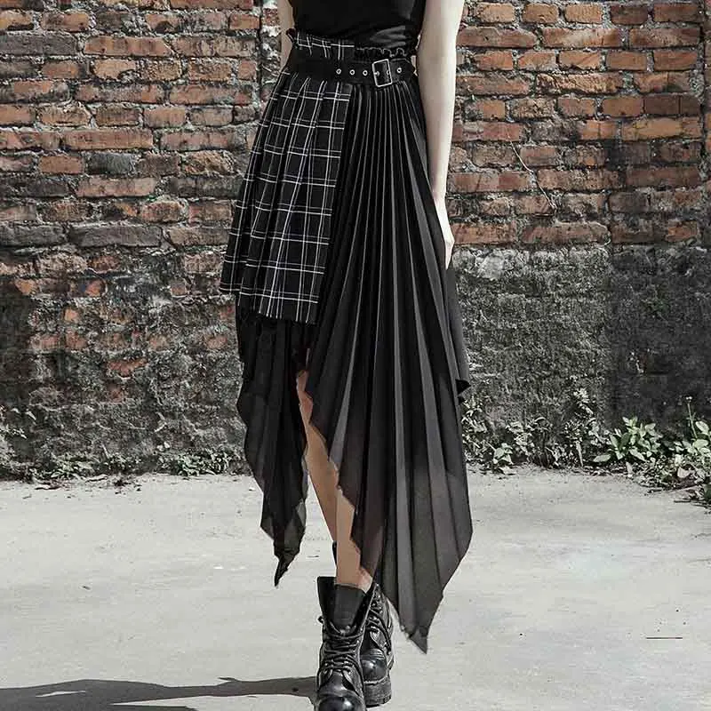 Женская Асимметричная юбка в клетку черная шифоновая с завышенной талией стиле