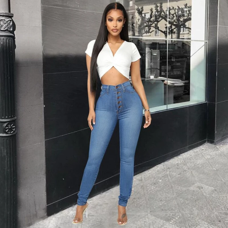 

Джинсы женские эластичные с завышенной талией и пуговицами