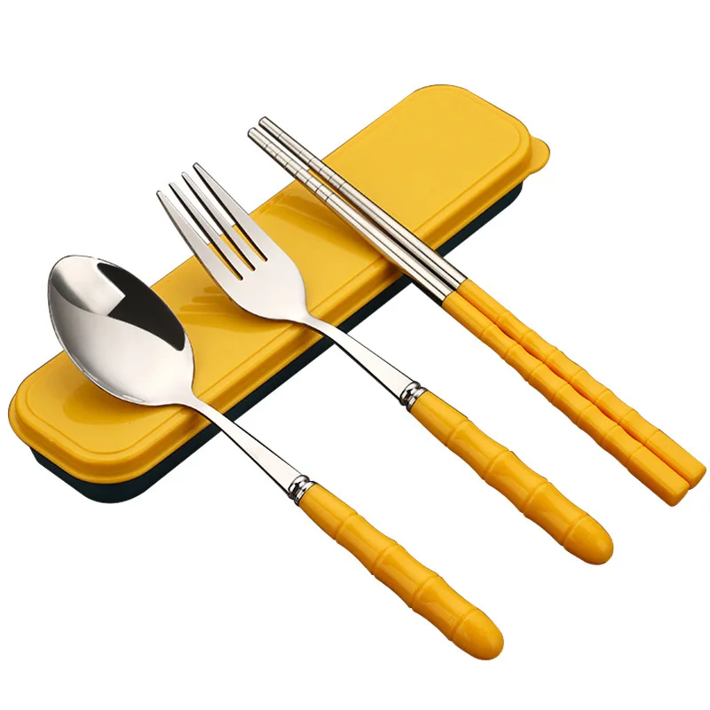

School Travel Picnic Lunch Stainless Steel Tableware Set Food Sticks Wheat Straw Cutlery Set Reusable Kids 3 Pcs Portable Adult