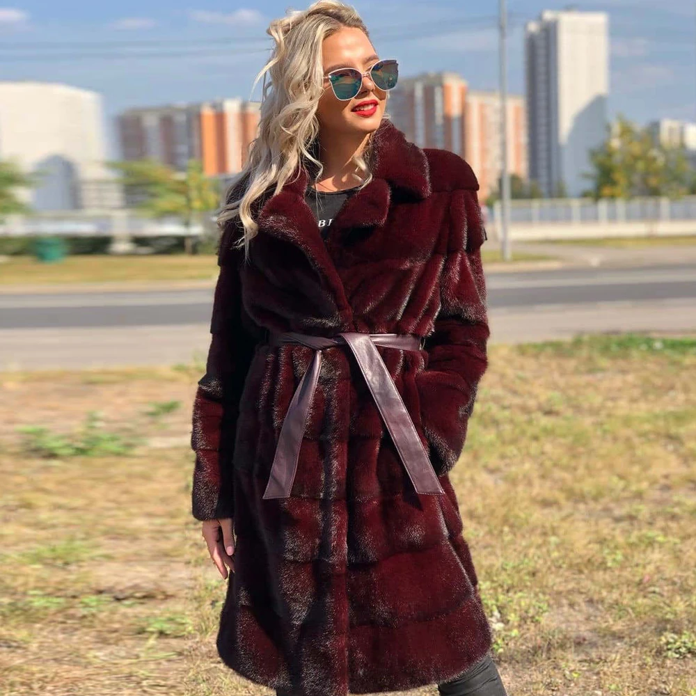 

2021 Fashion Wine Red Mink Fur Coats Long Women Casual Full Pelt Mink Fur Coat Genuine Winter Trendy Woman Fur Overcoat Natural