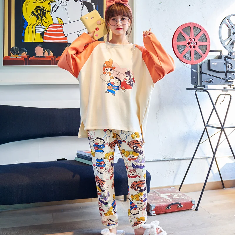 

Spring Autumn Pajamas Women's Cute Cartoon Family Korean Style Cotton Long Sleeve Loose Homewear Suit Summer and Winter Can
